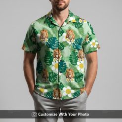 Man in green Hawaiian shirt featuring lion print, jungle leaves and exotic flowers