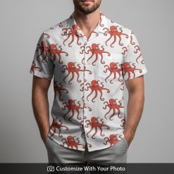 Man in red octopus Hawaiian shirt with white background and marine life button-down style