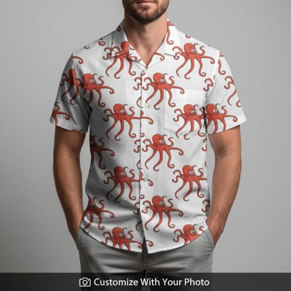 Man in red octopus Hawaiian shirt with white background and marine life button-down style