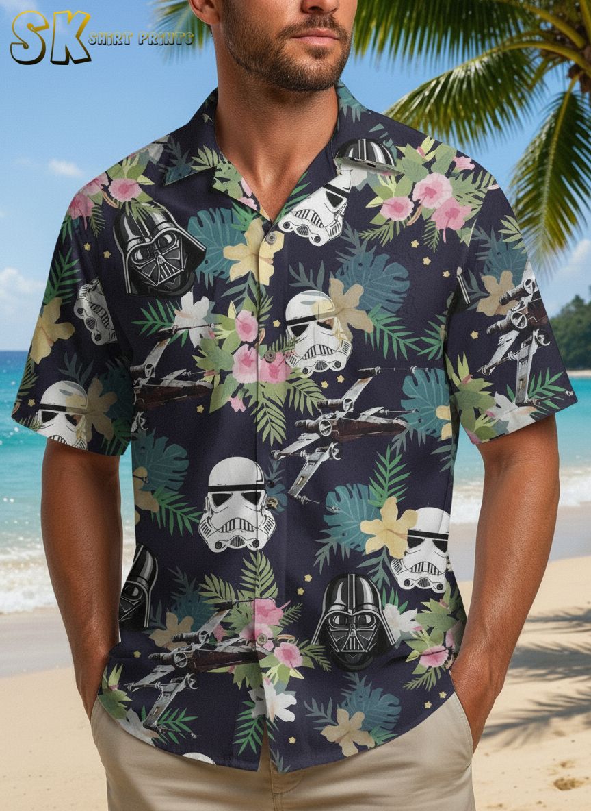 Multiple Star Wars Hawaii shirt designs displayed side by side showing various Mandalorian themed patterns