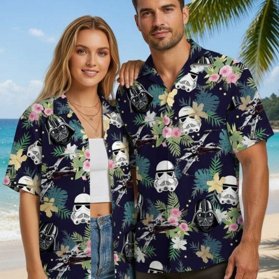 Multiple Star Wars Hawaii shirt designs displayed side by side showing various Mandalorian themed patterns