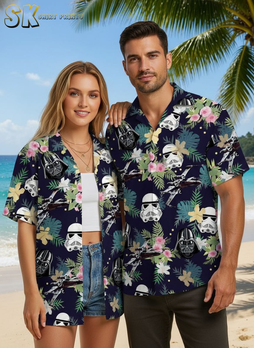 Multiple Star Wars Hawaii shirt designs displayed side by side showing various Mandalorian themed patterns