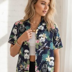 Detailed specs infographic showing custom Star Wars Hawaiian shirt size chart and fabric feature callouts