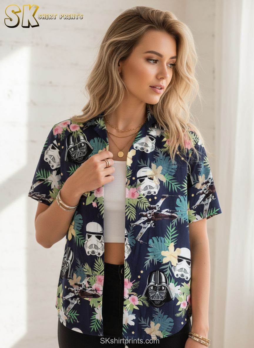 Detailed specs infographic showing custom Star Wars Hawaiian shirt size chart and fabric feature callouts