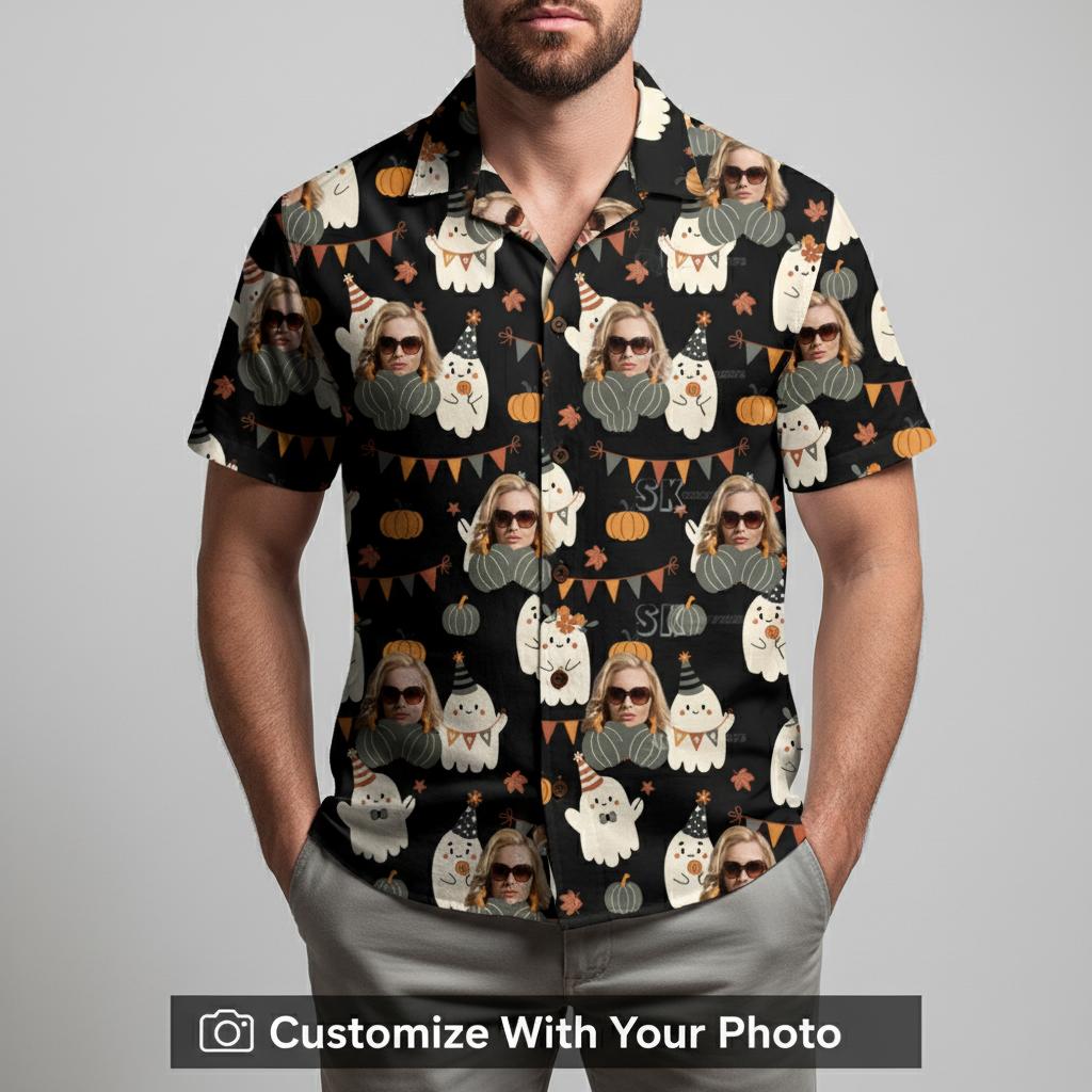 Man in a Halloween Hawaiian shirt sporting ghost and pumpkin festive designs