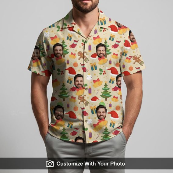 Man wearing holiday Hawaiian shirt with face, Santa hats, gifts, and Christmas trees
