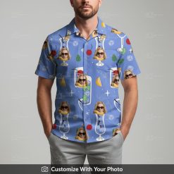 Man in blue Hawaiian shirt with sunglasses face, fruit slices, and cocktail glass design