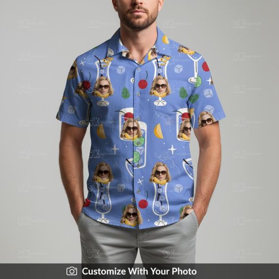 Man in blue Hawaiian shirt with sunglasses face, fruit slices, and cocktail glass design
