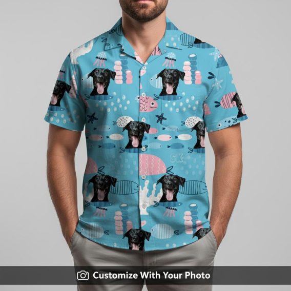 Man in blue Spongebob Hawaiian shirt with dog face, fish, and starfish design