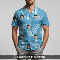 Man in blue Hawaiian shirt with dragon design, custom face images, and white clouds