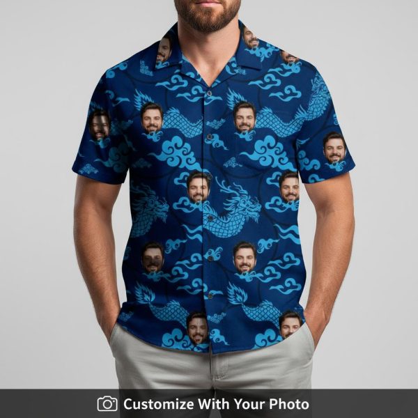Man in a blue Hawaiian shirt featuring dragon and cloud patterns, custom face