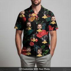 Man in a Hawaiian shirt with bold butterflies, red flowers, and vibrant face design