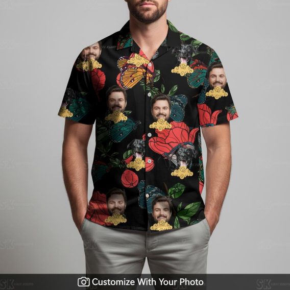 Man in a Hawaiian shirt with bold butterflies, red flowers, and vibrant face design