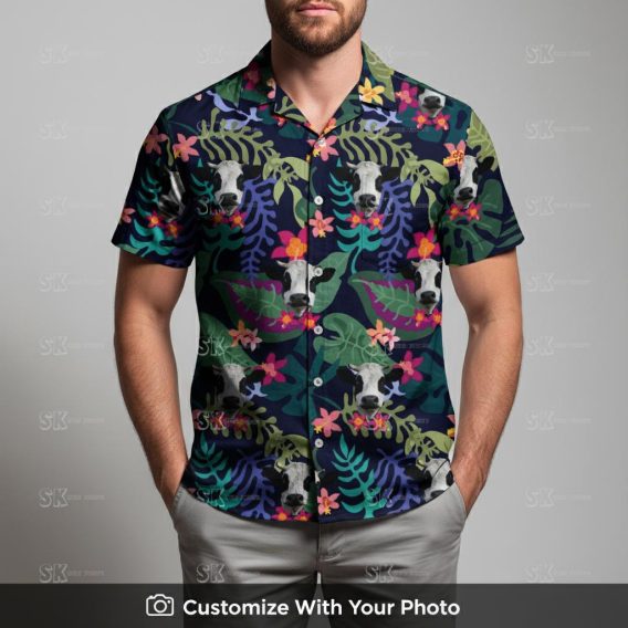 Man in cow print Hawaiian shirt featuring bold tropical leaves and vivid accents