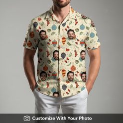 Men's Christmas Hawaiian shirt with face design, ornaments, candy canes and socks