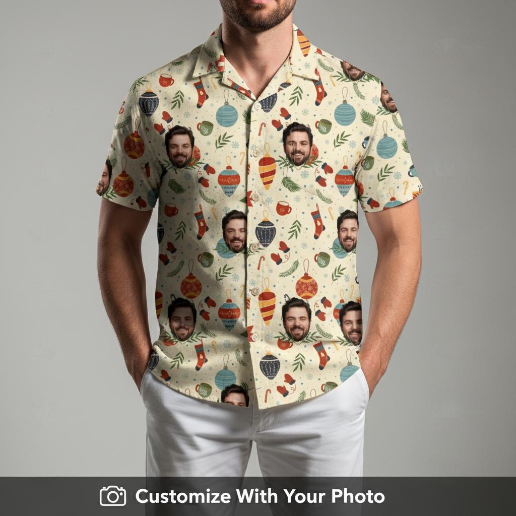 Men's Christmas Hawaiian shirt with face design, ornaments, candy canes and socks