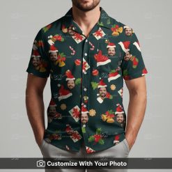 Man wearing colorful Christmas Hawaiian shirt with Santa and ornaments design