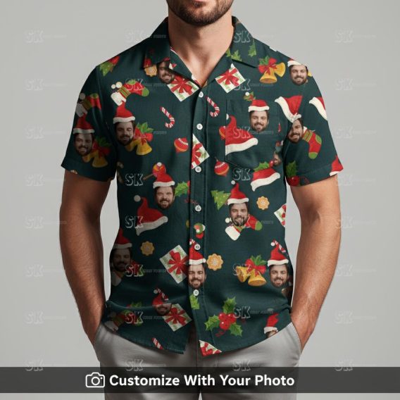 Man wearing colorful Christmas Hawaiian shirt with Santa and ornaments design