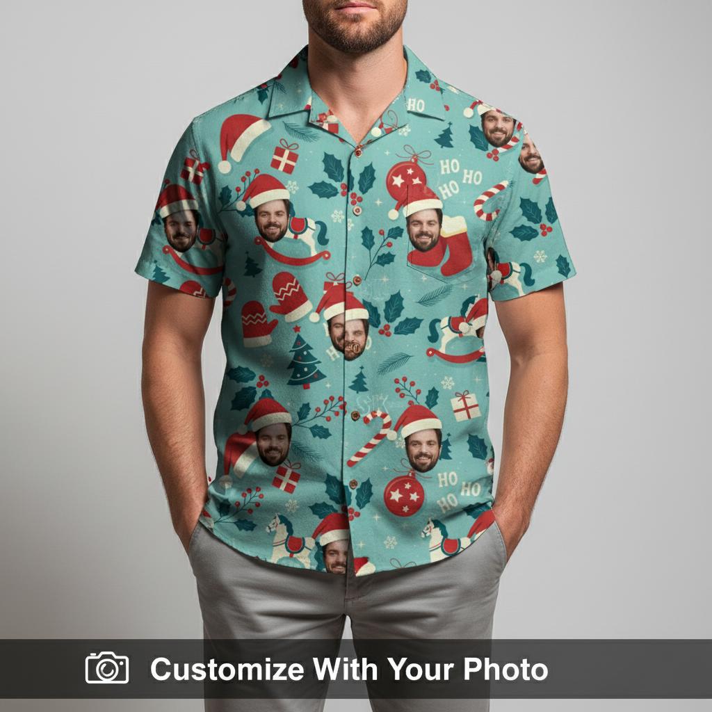 Man in Christmas in July Hawaiian shirt with turquoise, red, and Santa faces