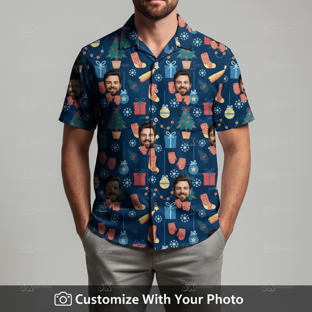 Man in Christmas tiki shirt featuring face pattern, green stockings, gifts, snowflakes