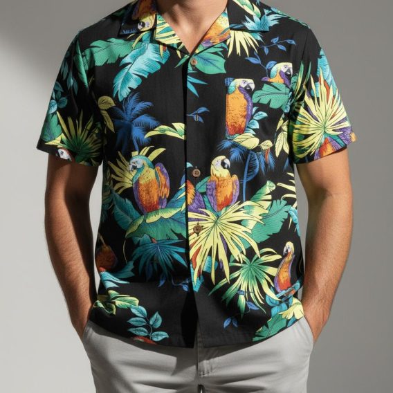 Man in tropical parrot Hawaiian shirt with vivid greens and orange floral design