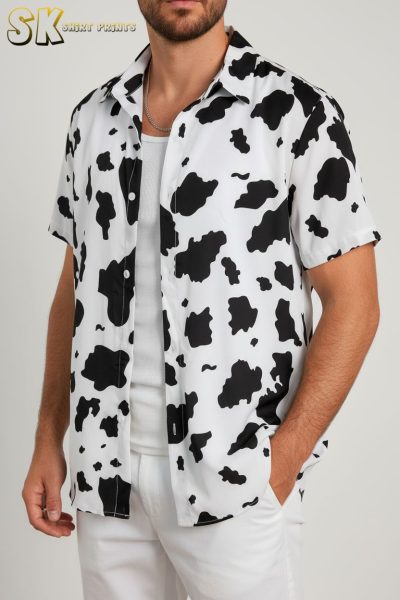 Cow Print Button Up Hawaiian Shirt - Tropical Beach Vacation Shirt for Men