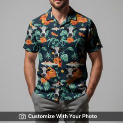 Man in cow print Hawaiian shirt with vibrant orange hibiscus and green palm leaves