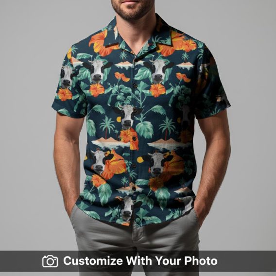 Man in cow print Hawaiian shirt with vibrant orange hibiscus and green palm leaves