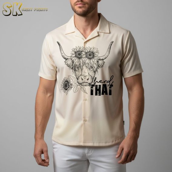Man in cow pattern Aloha shirt standing outdoors in relaxed vacation pose