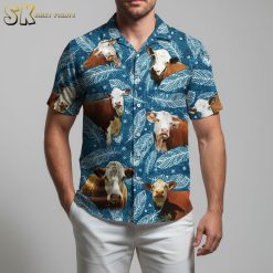 Male model in relaxed pose wearing cow tshirt Hawaiian style with tropical pattern design