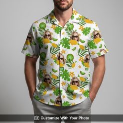 Men’s trendy Hawaiian shirt featuring custom face design, green and yellow floral pattern