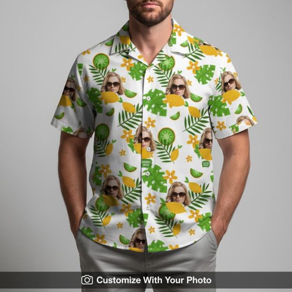 Men’s trendy Hawaiian shirt featuring custom face design, green and yellow floral pattern
