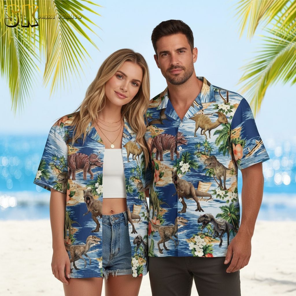 Man wearing dinosaur aloha shirt in vacation setting with palm trees and beach atmosphere visible