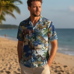 Collection of men's dinosaur button up shirts in various colors and patterns