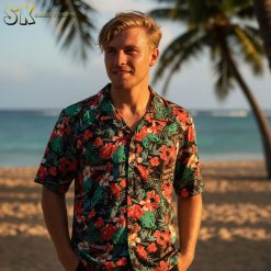 Collection of mens dinosaur button up shirts in various colors and patterns displayed together