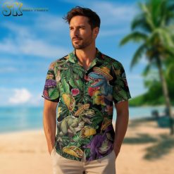 Collection overview displaying multiple dinosaur hawaiian shirt designs side by side