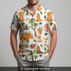 Man in dinosaur hawaiian shirt featuring triceratops with bright summer colors