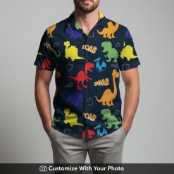 Man in tropical dinosaur Hawaiian shirt featuring blue background and vibrant dinos