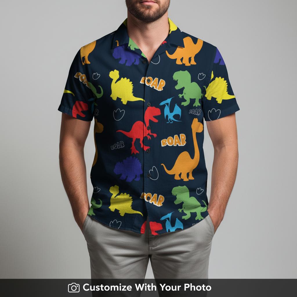 Man in tropical dinosaur Hawaiian shirt featuring blue background and vibrant dinos