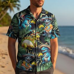Mens dinosaur shirt collection showing multiple color variations and design options available in the product line