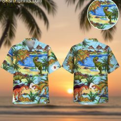Mens dinosaur shirt Hawaiian style short sleeve button down with tropical dinosaur print