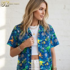 Mens dinosaur shirt sizing chart and product specifications display