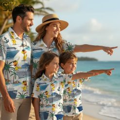 Collection of men's Donald Duck Hawaiian shirts showing multiple color variations with cartoon ducks and cruise theme