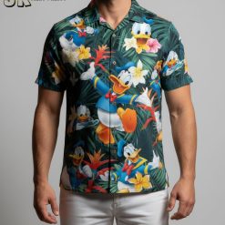 Man wearing men's Donald Duck Hawaiian shirt outdoors in casual summer setting