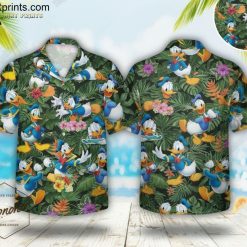 Men's Donald Duck Hawaiian shirt with colorful duck pattern and tropical flowers on vibrant background