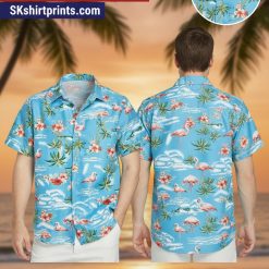 Male model wearing pink flamingo Hawaiian shirt in casual lifestyle setting