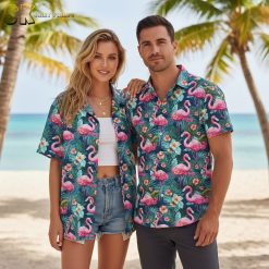 Men's flamingo Hawaiian shirt with button-down collar and short sleeves