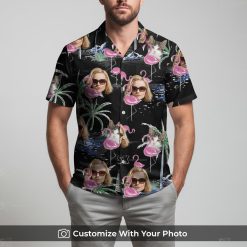 Man wearing flamingo Hawaiian shirt with sunglasses and tropical palm print