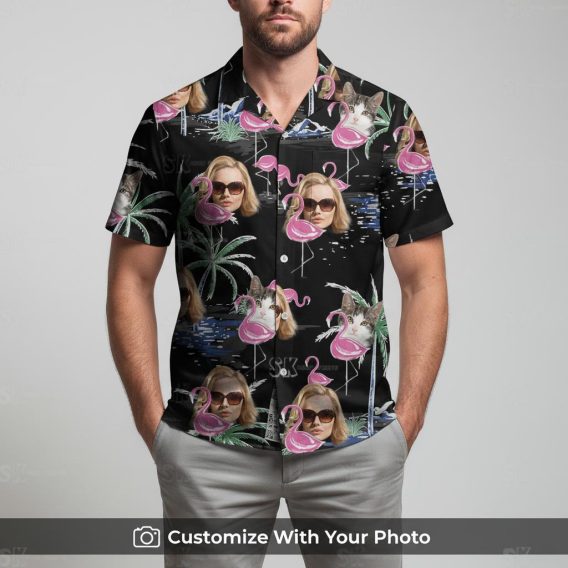 Man wearing flamingo Hawaiian shirt with sunglasses and tropical palm print