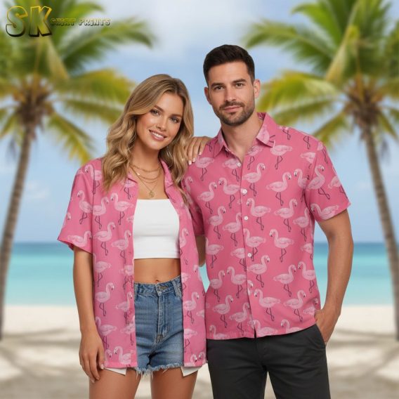 Man wearing pink flamingo patterned aloha shirt in casual summer outdoor setting with tropical background